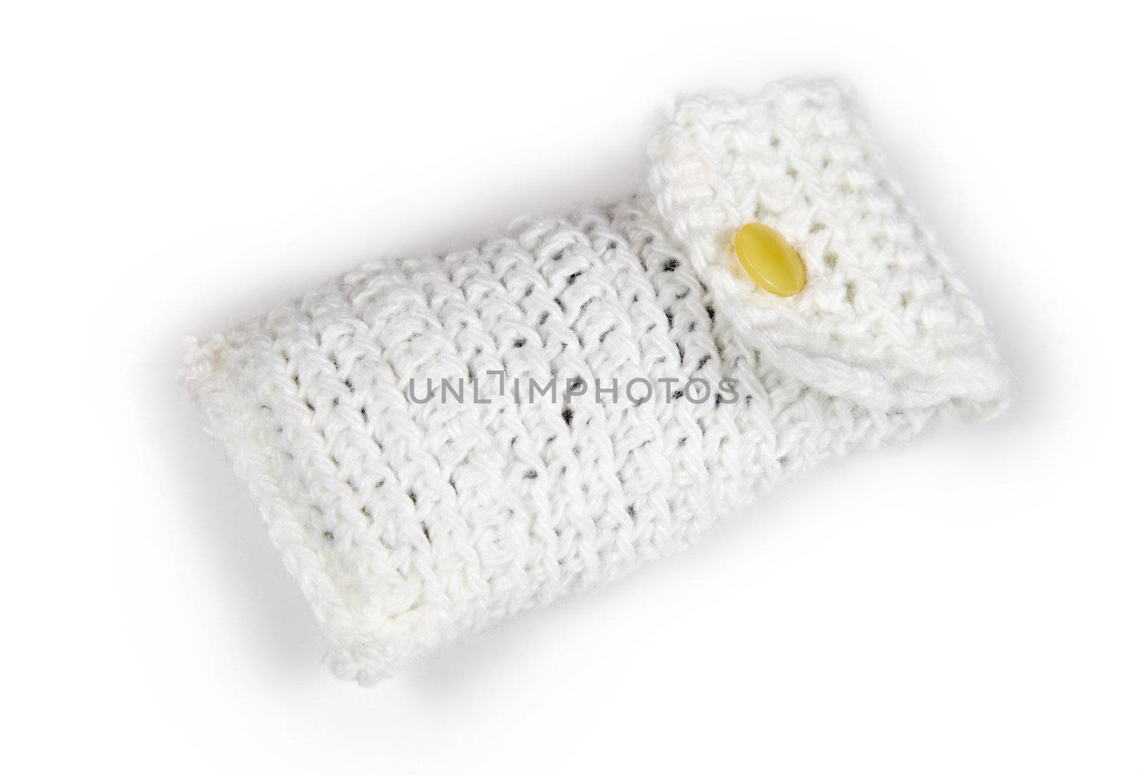 Case for mobile phone made of wool yarn  on white background