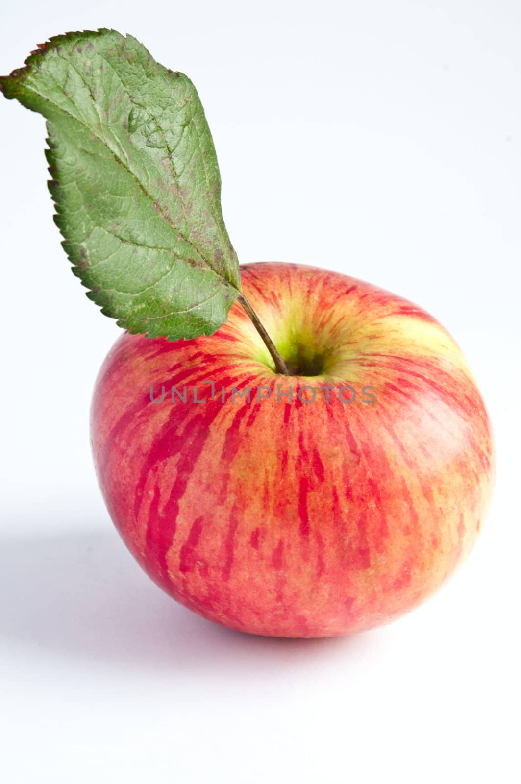   Red apple with green leaf photographed against a white background