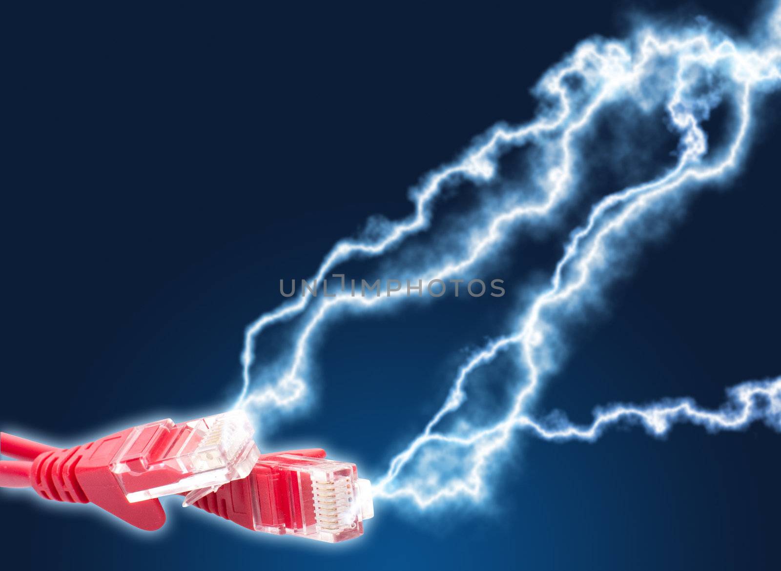 High speed internet - Red Ethernet RJ45 Cables With Lightning on Dark Blue Background