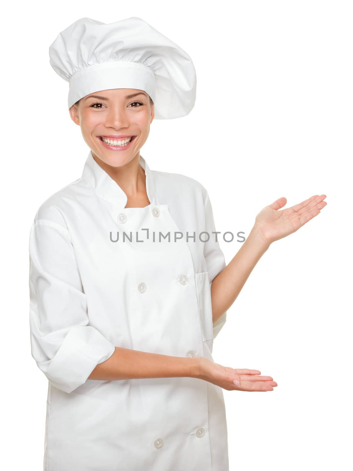 Cook or chef showing and presenting. Woman chef isolated on white background. Multicultural Caucasian Asian model.