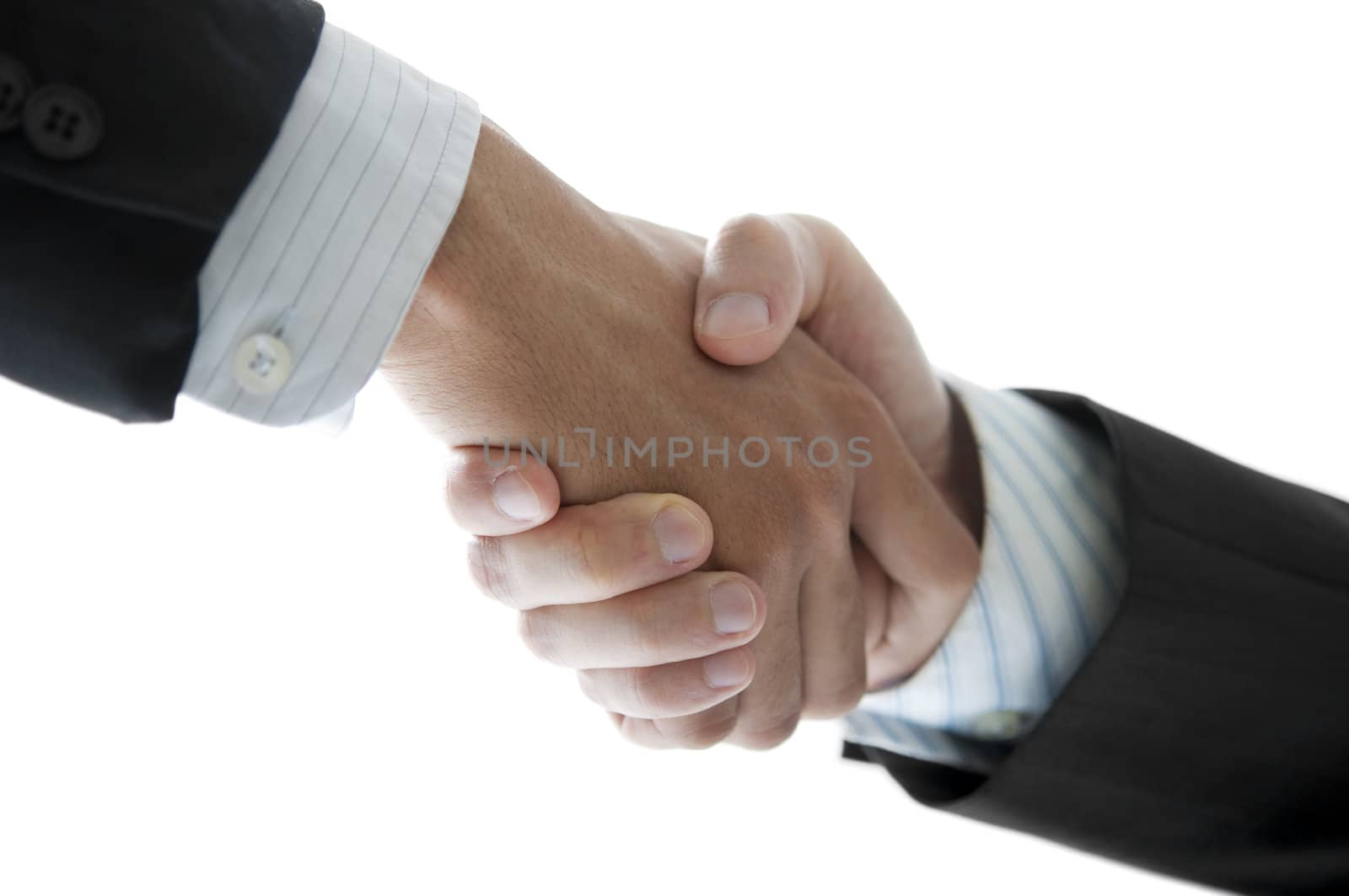 Businessmen shaking hands isolated on white, low angle view.