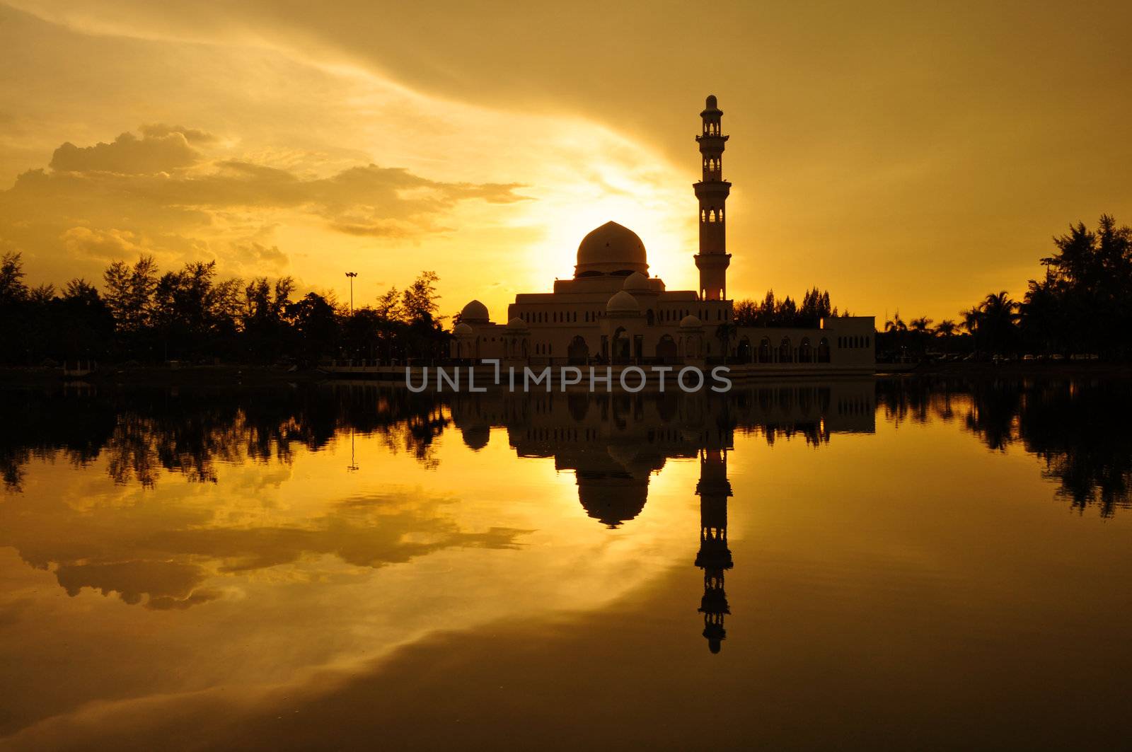 Masjid Tengku Tengah Zaharah or also known as Floating Mosque in Kuala Terengganu, Malaysia with reflection