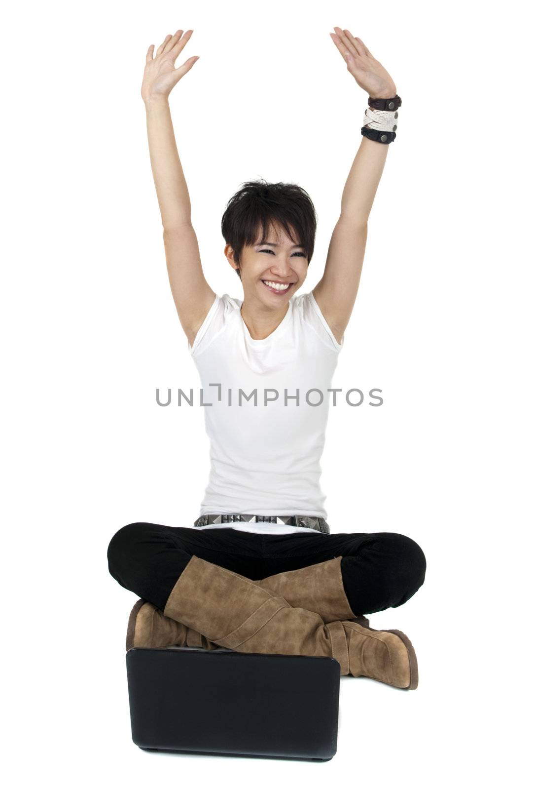 Full body of a happy computer user isolated on white.
