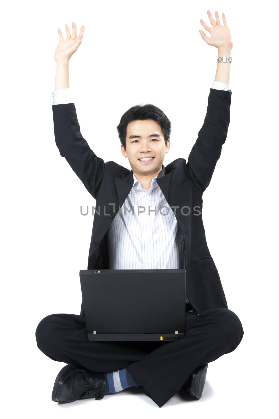 Full body of a happy Business man with laptop on  background