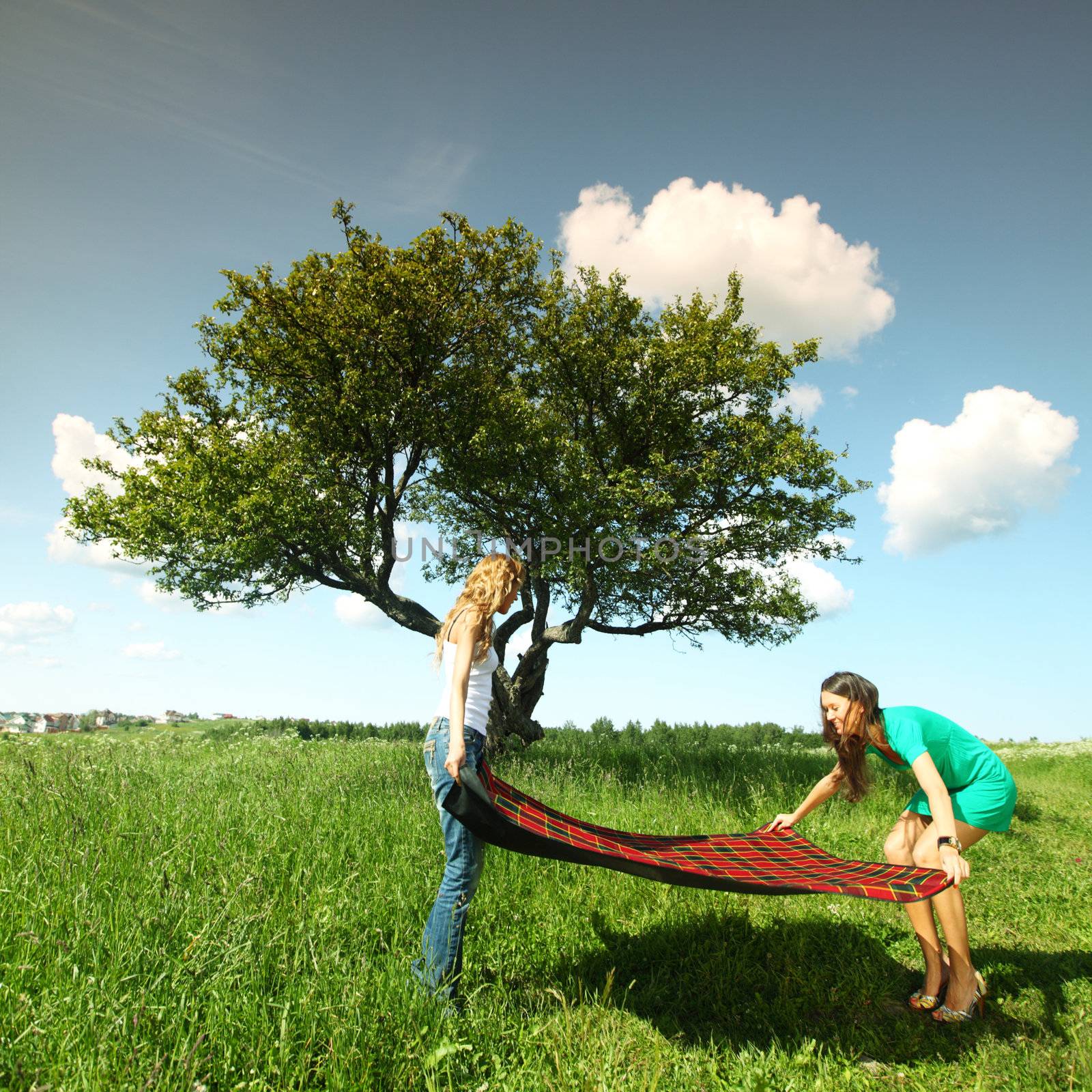 girlfriends on picnic in green grass