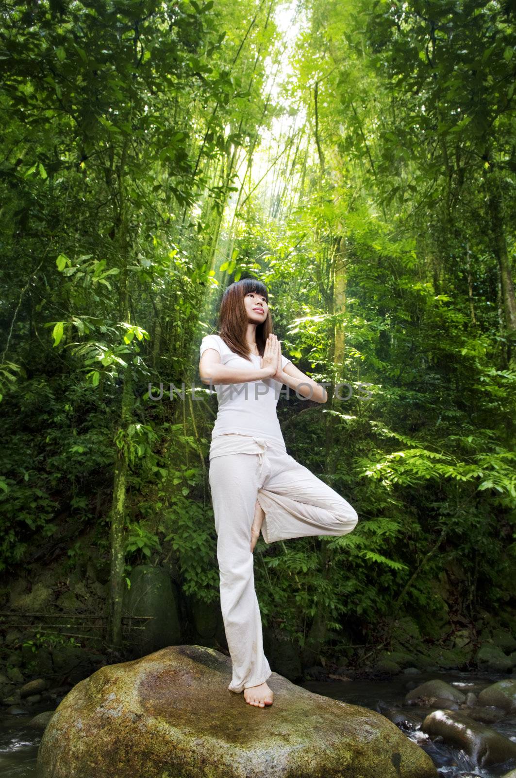 Female meditating in tropical rainforest, standing on a boulder.