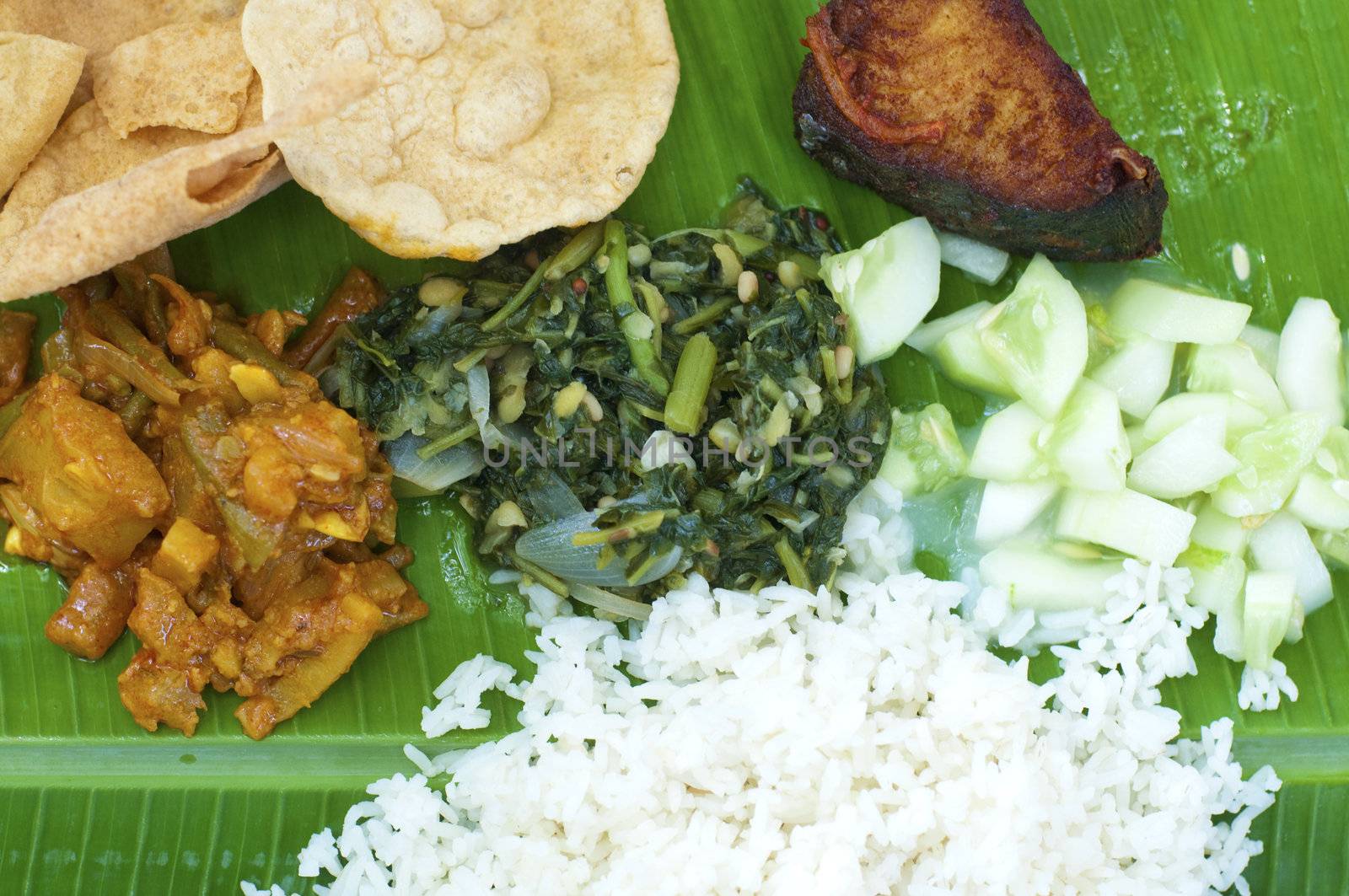 Close up Indian cuisine banana leaf rice