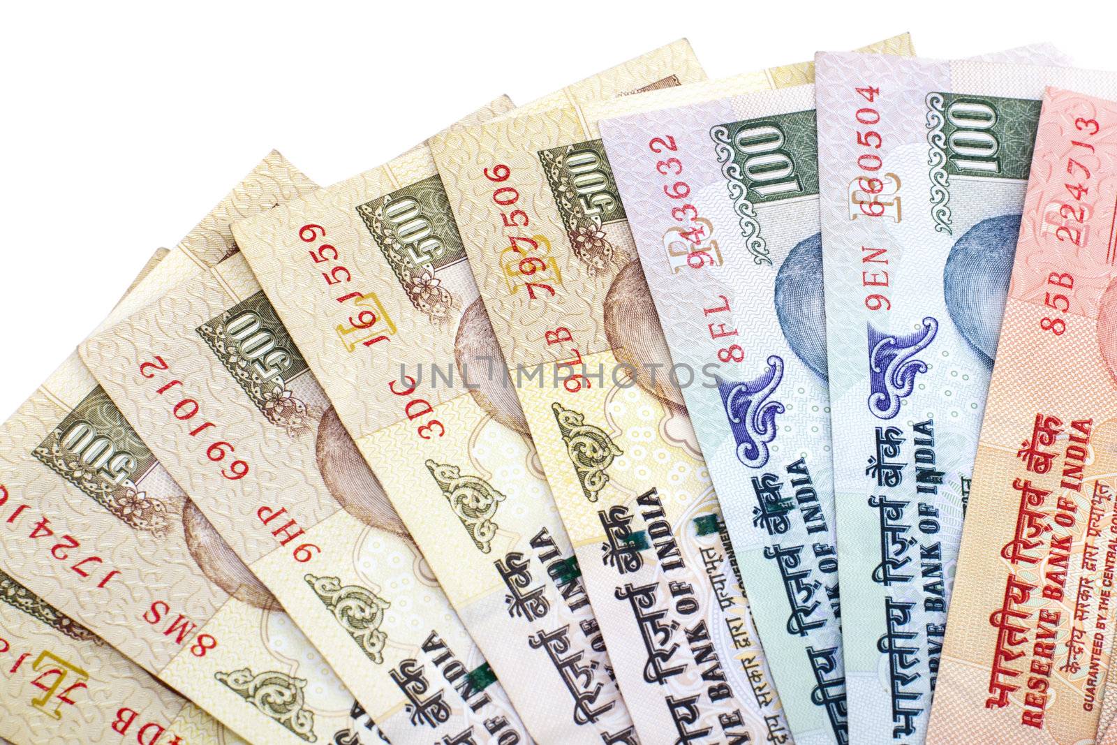 Indian Rupee bank notes on white background
