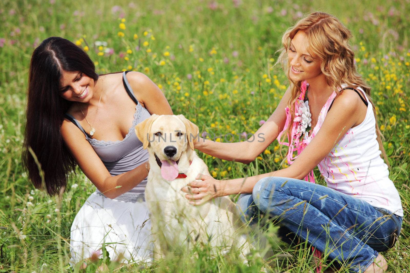 girlfriends and dog in green grass field