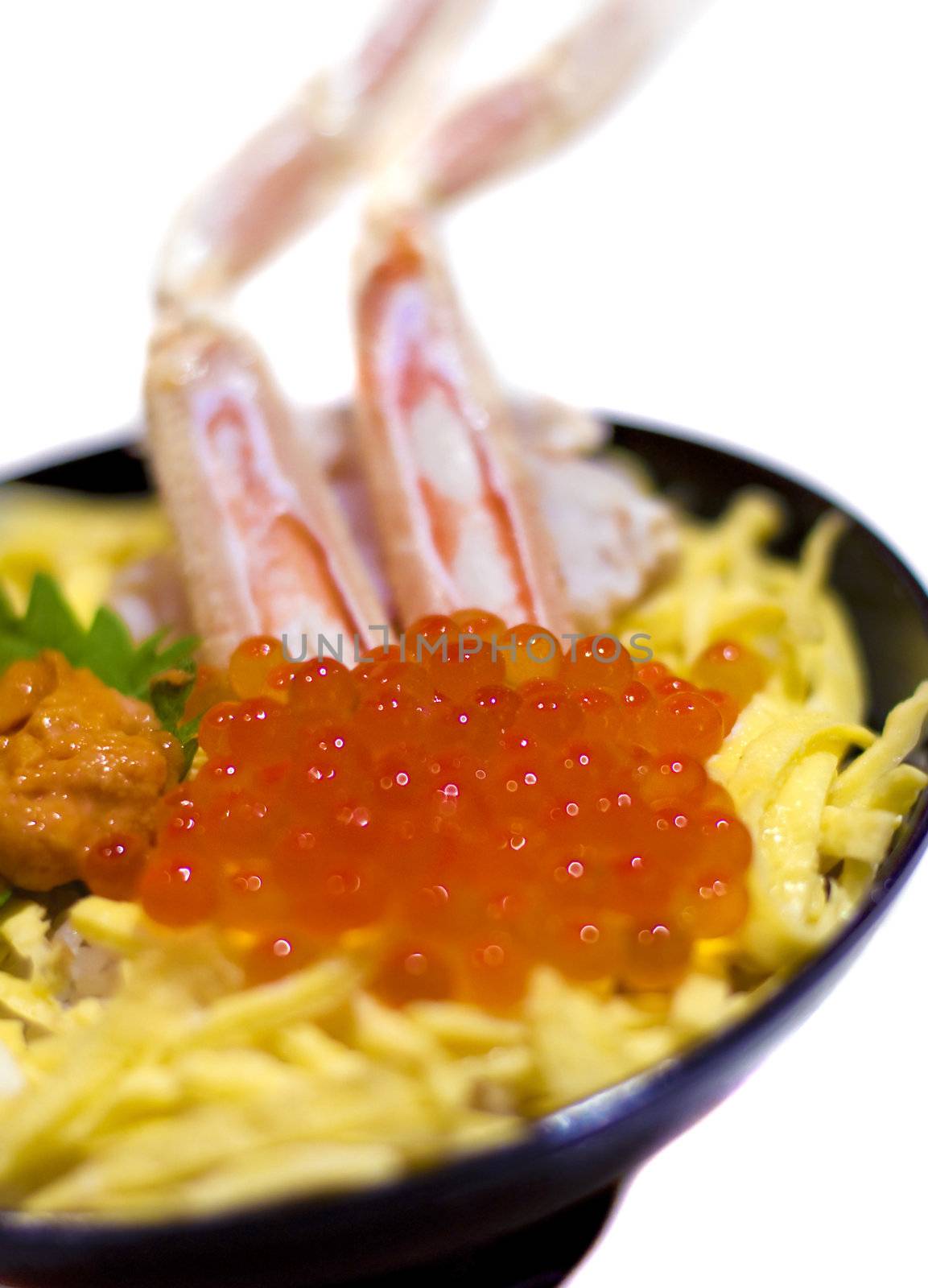 Japanese cuisine, fresh seafood rice with salmon red caviar.