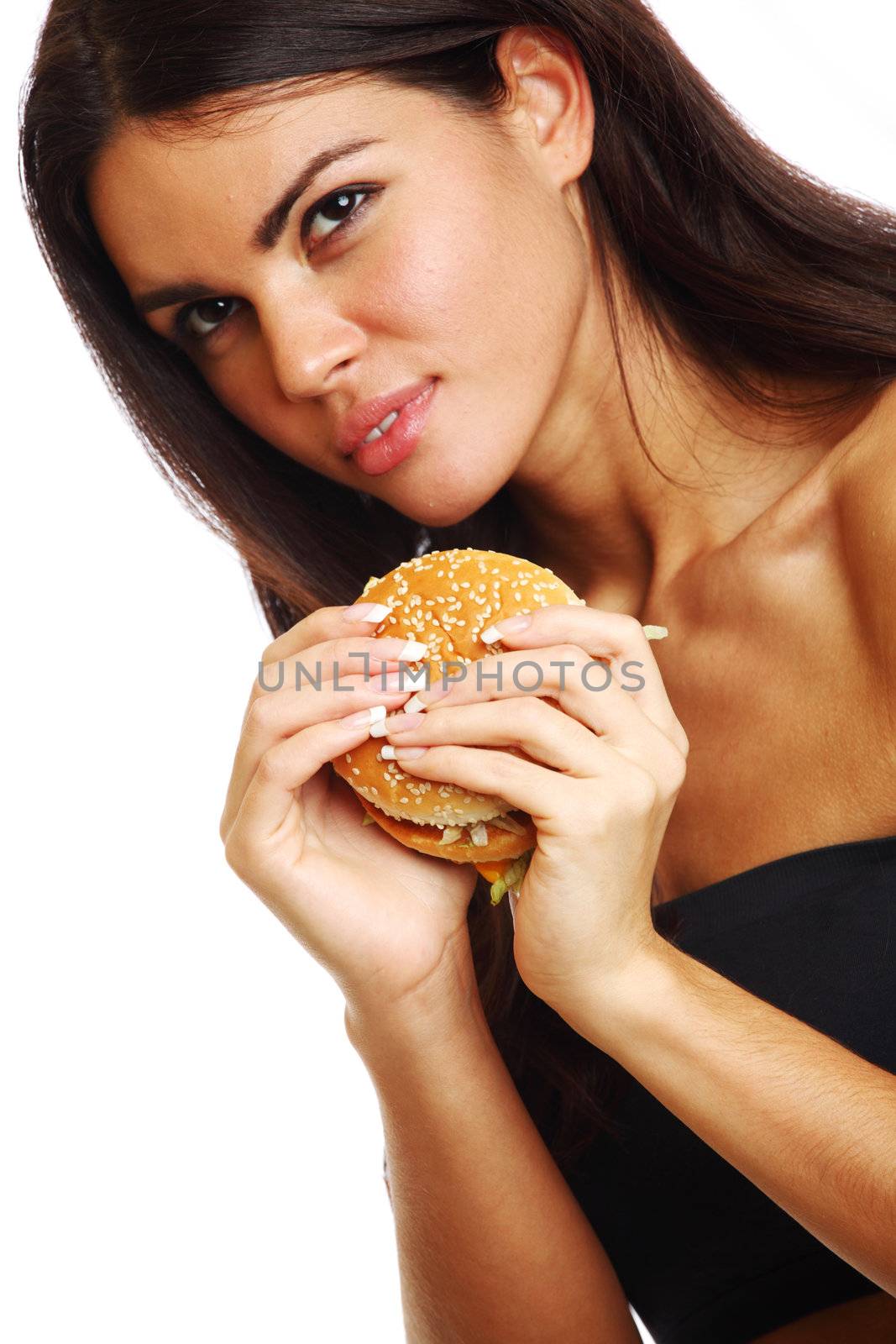 woman eat burger isolated on white background