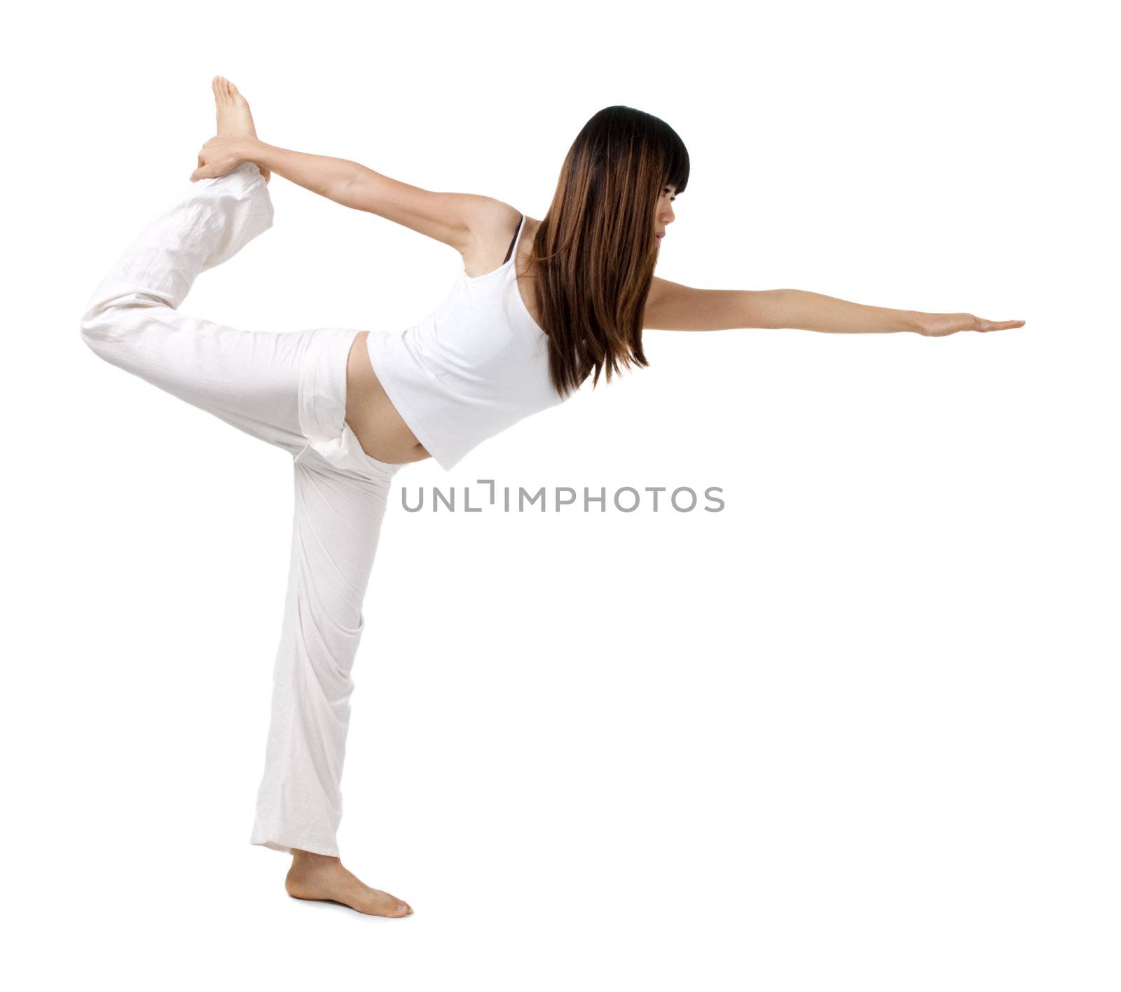 Woman in yoga, the shiva posture, isolated on white.