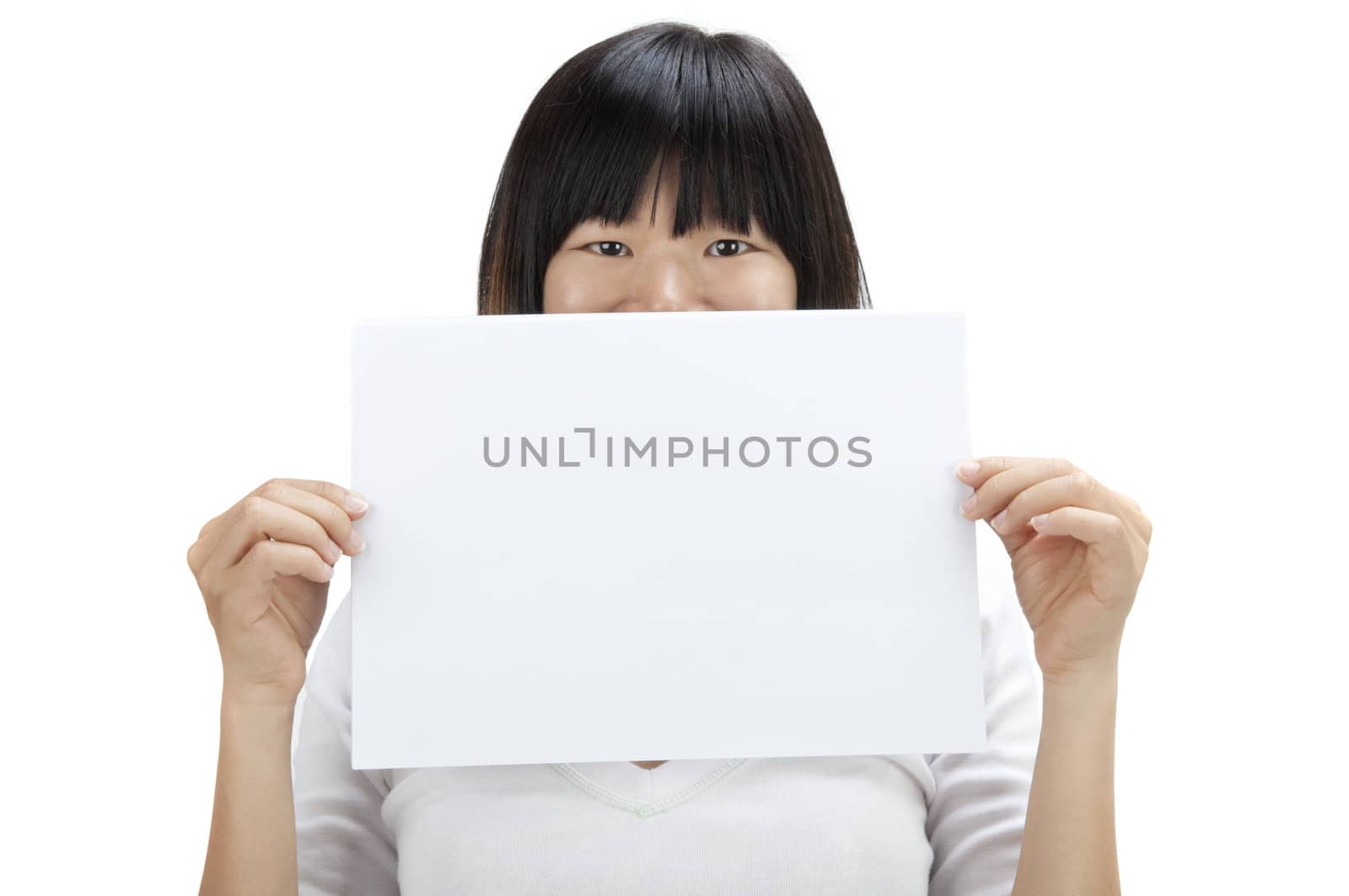 Concept photo of Asian woman holding a white card, covering her mouth.