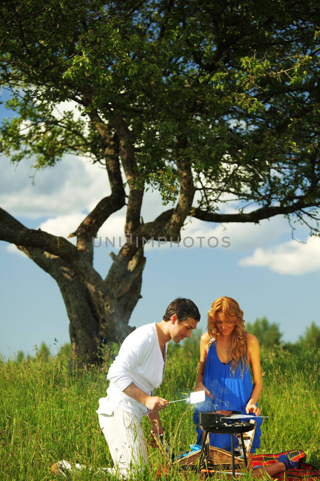 man and woman on picnic in green grass