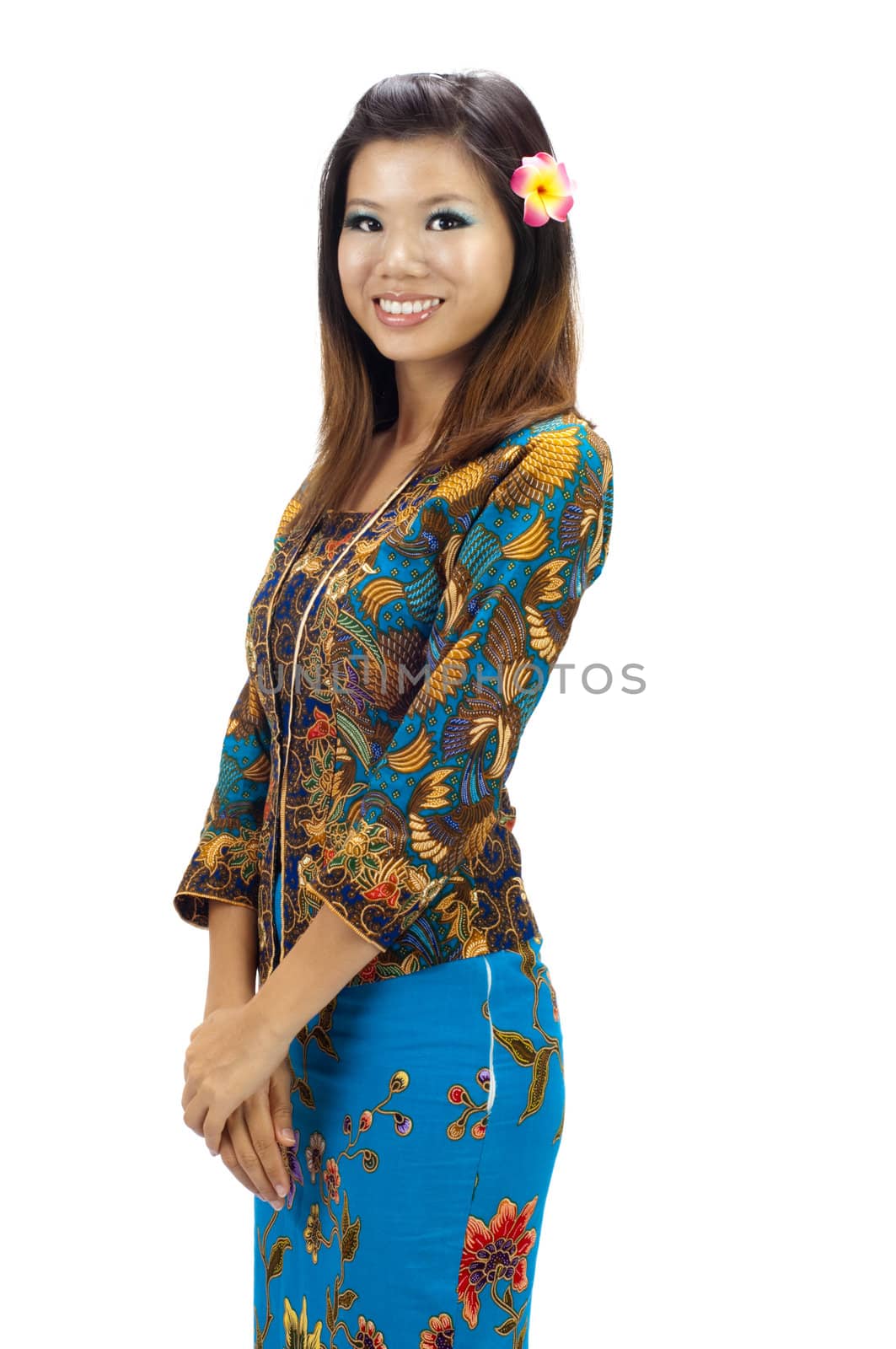 Portrait of a Malay woman with kebaya on white background