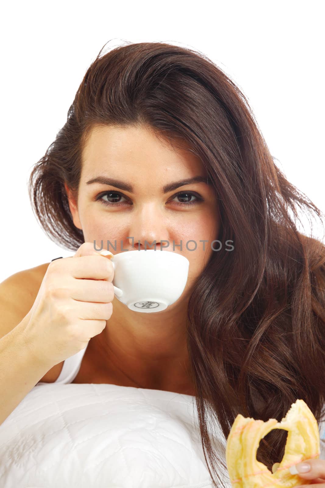 woman wake and see morning coffee