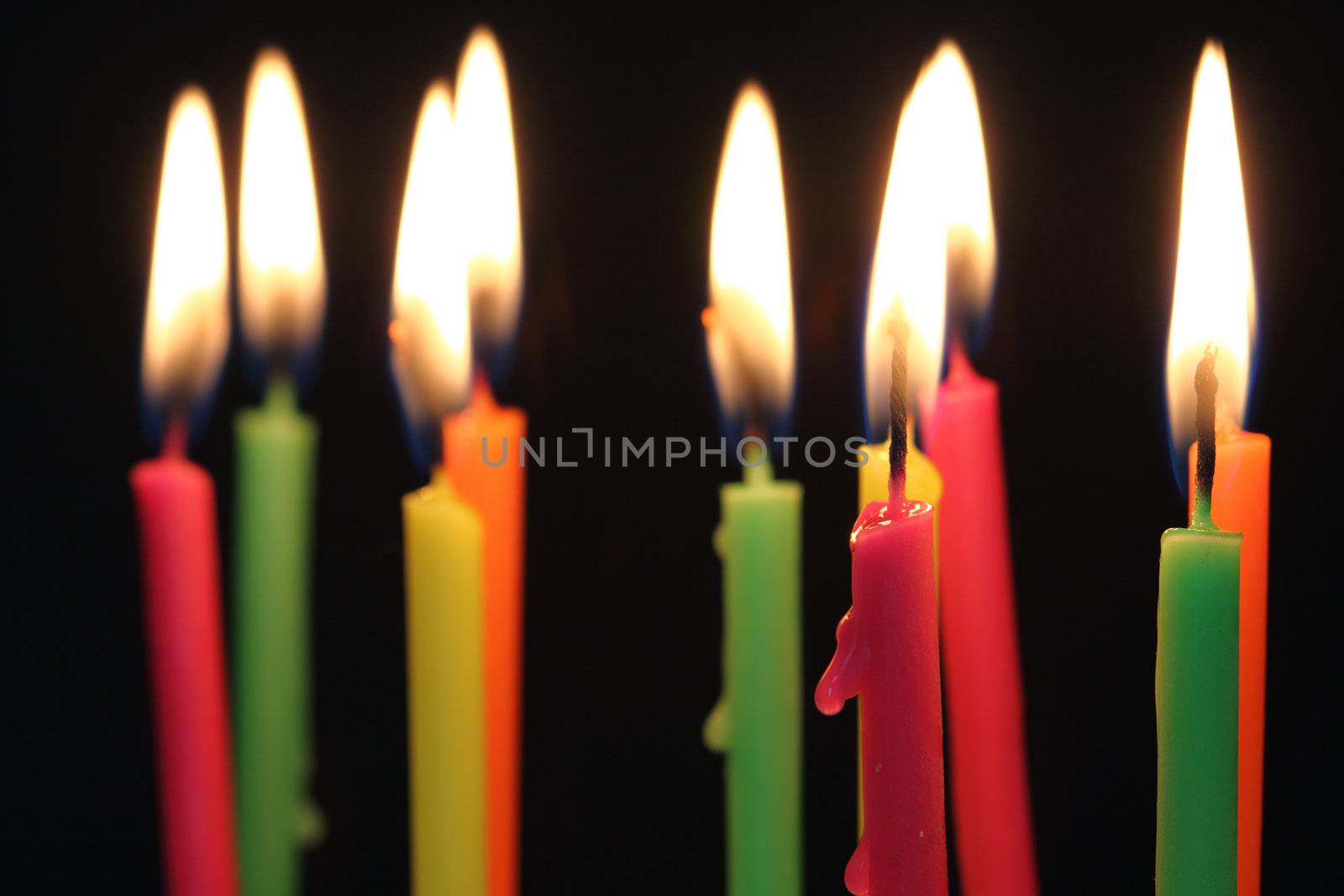 Some lit birthday candles close up , shallow dof