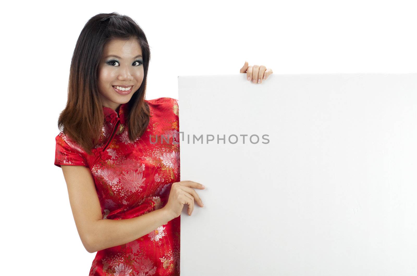 Oriental girl with blank sign, isolated on white