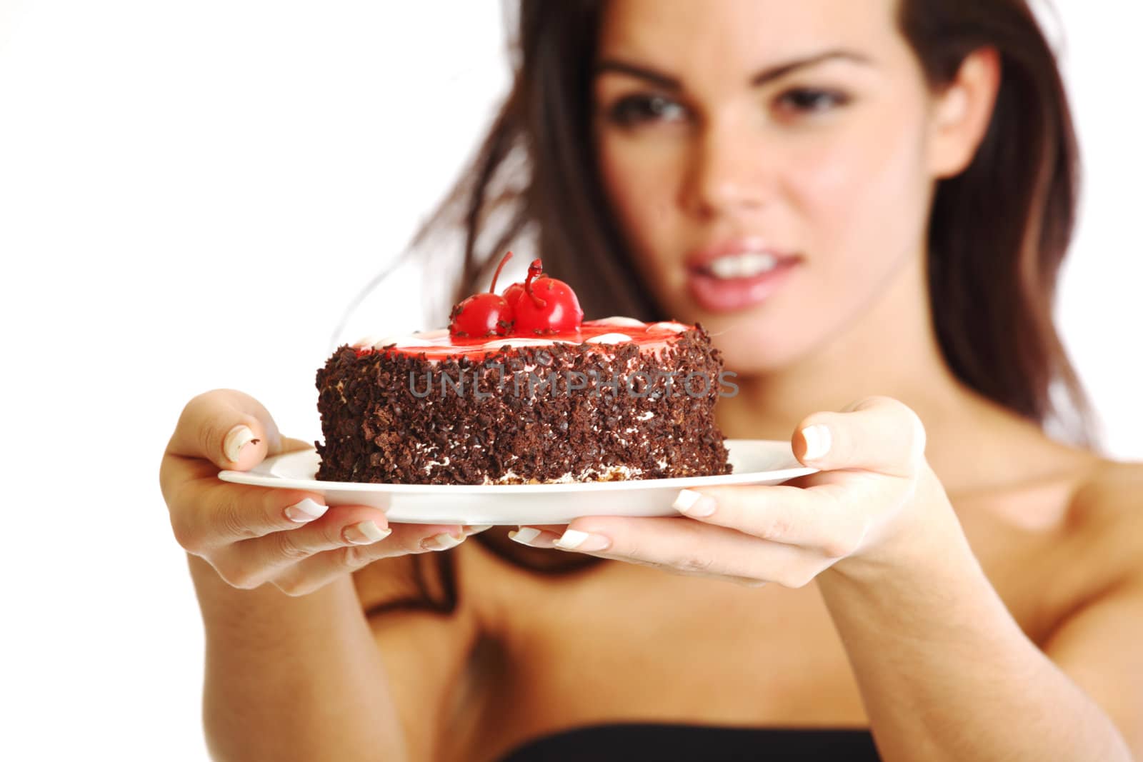 woman hold cake in hands isolated on white