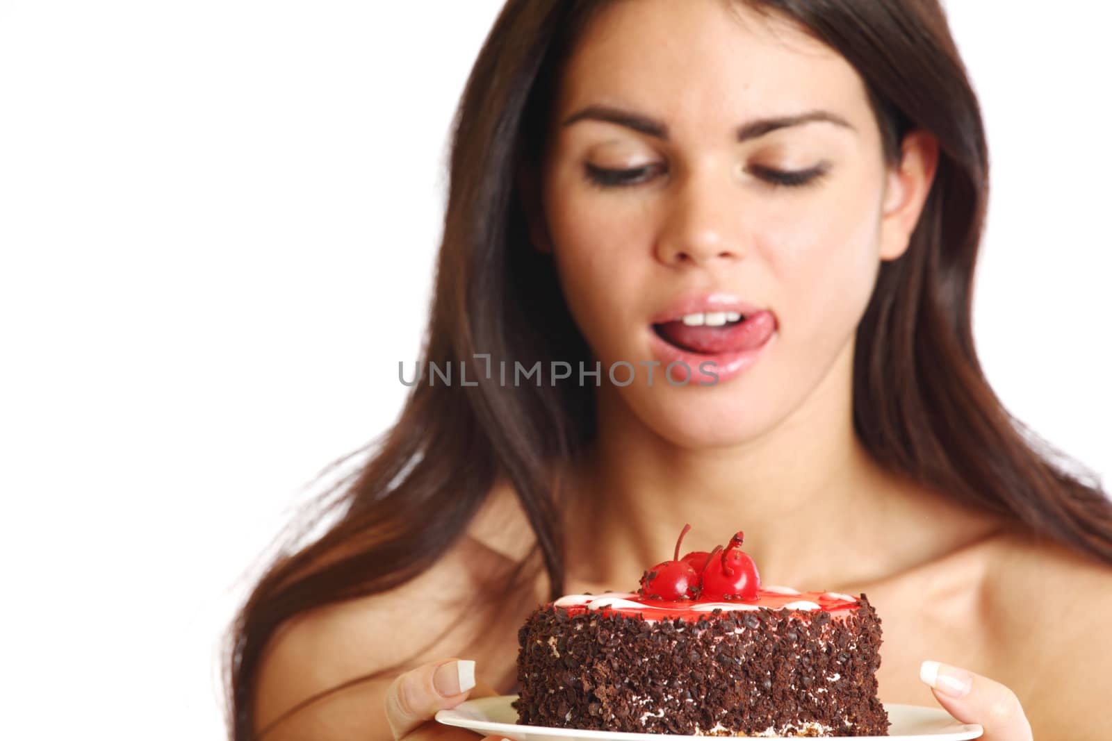 woman hold cake in hands isolated on white