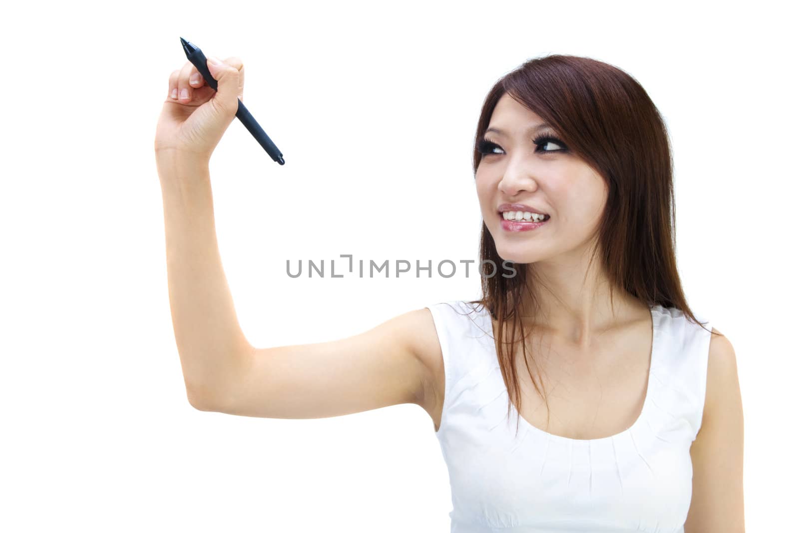 Closeup of young Asian business woman drawing on transparent glass or foil.