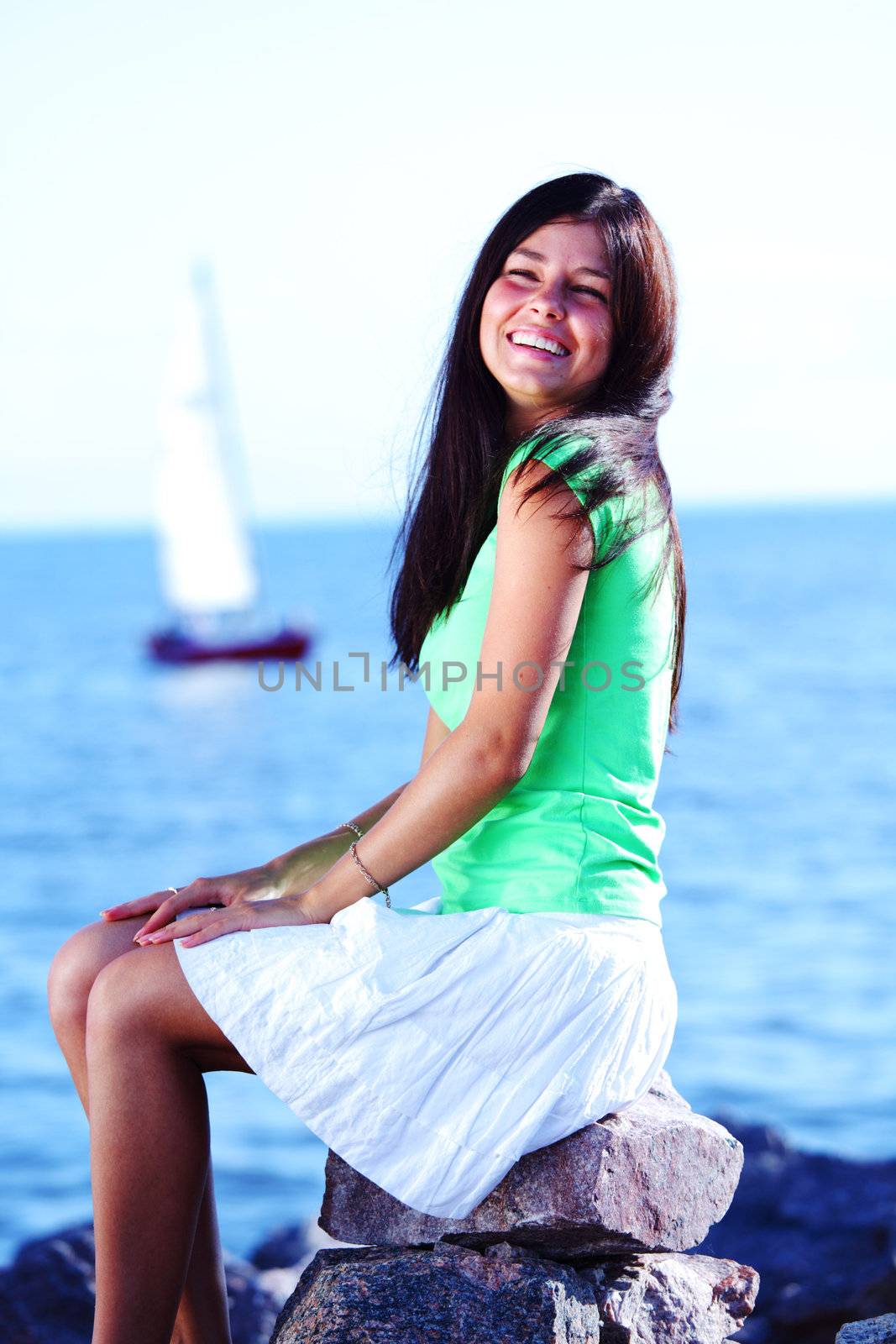 woman relax blue sea and ship on background