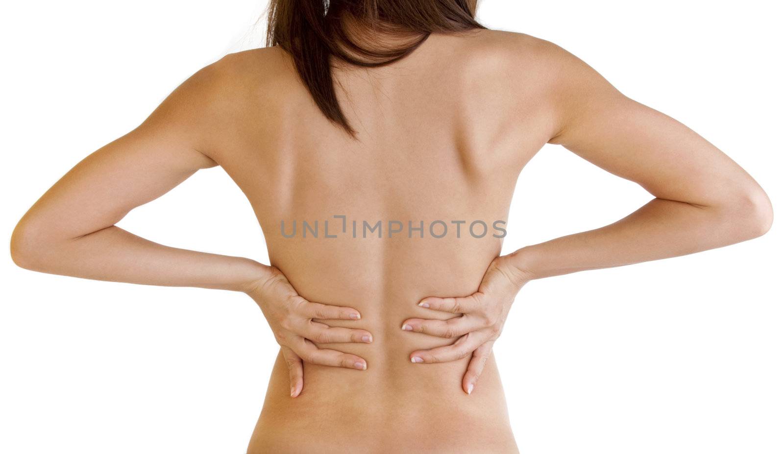 Woman with backache from behind, naked body.