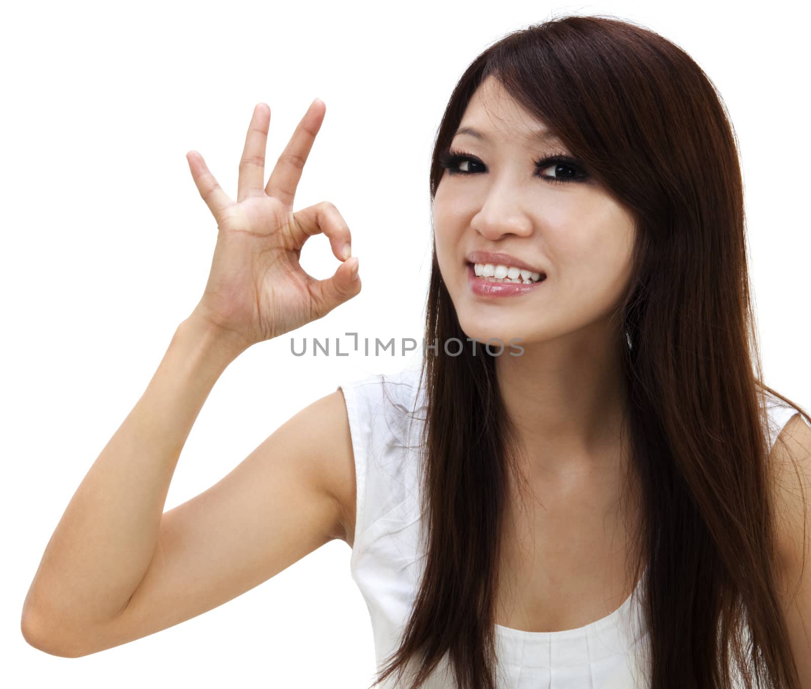 Woman giving ok hand sign shot on white background