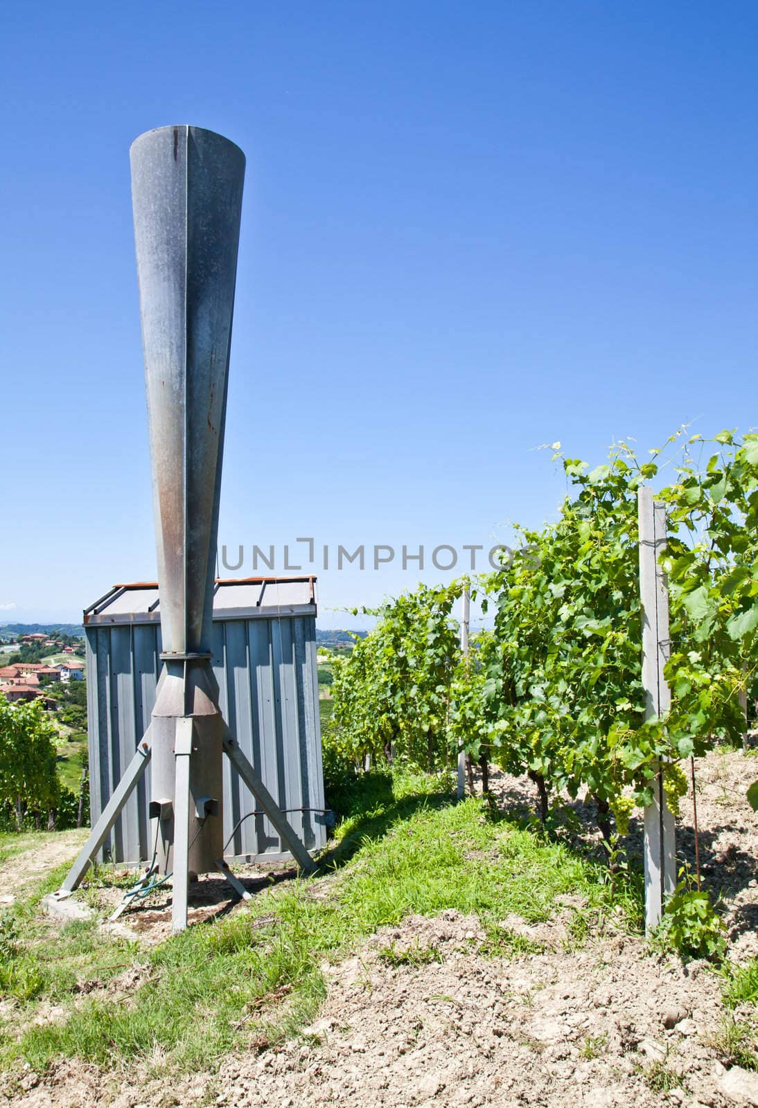 Hail cannon in Italian vineyard, Monferrato and Langhe area, Piemonte region.