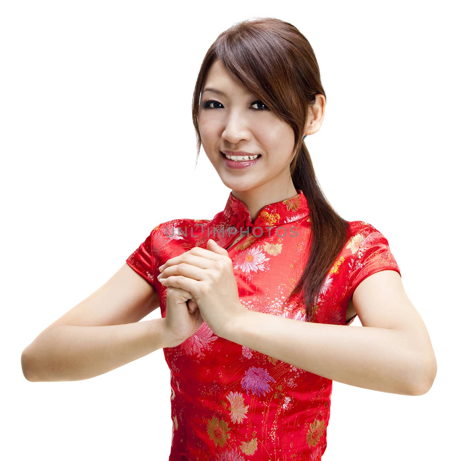 Oriental girl wishing you a happy Chinese New Year.