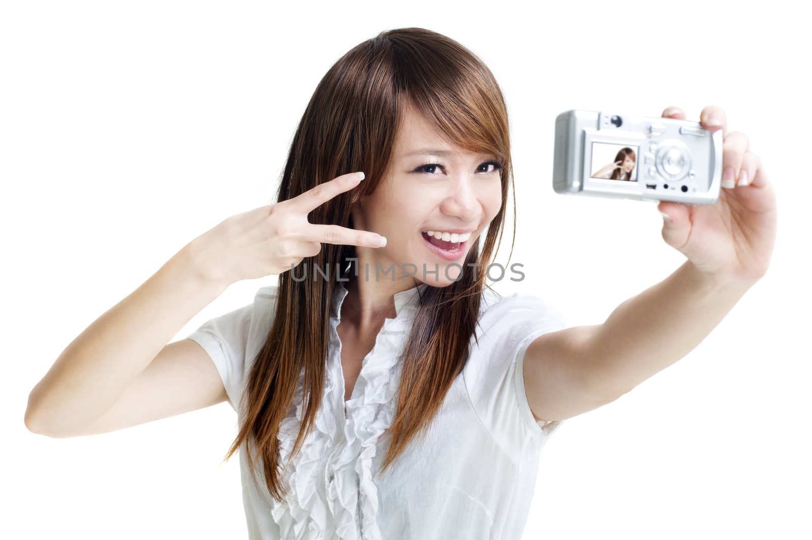 Asian girl self photographing, isolated on white