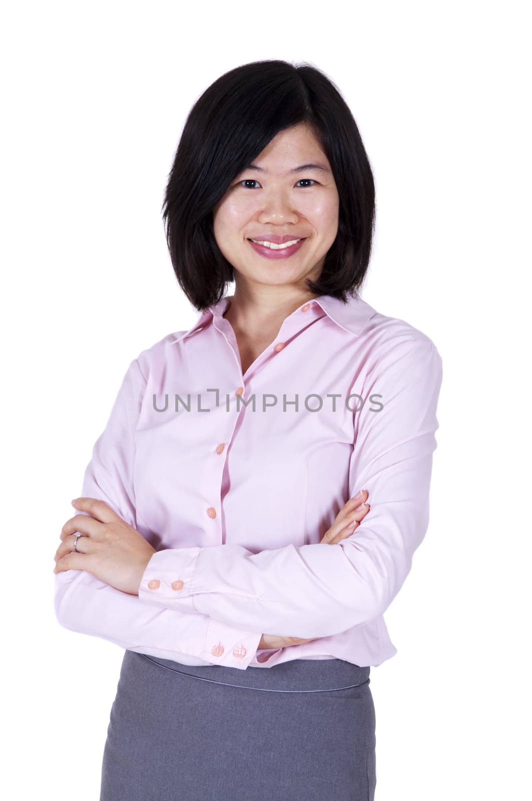Crossed arms confident Asian executive isolated on white