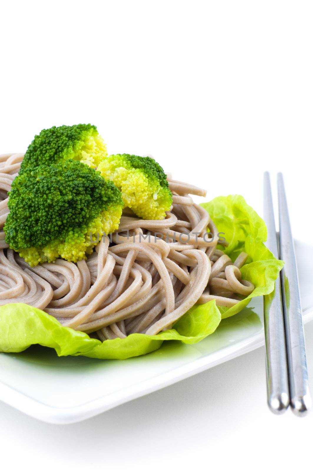 Japanese Vegetarian Soba Noodles on White Plate