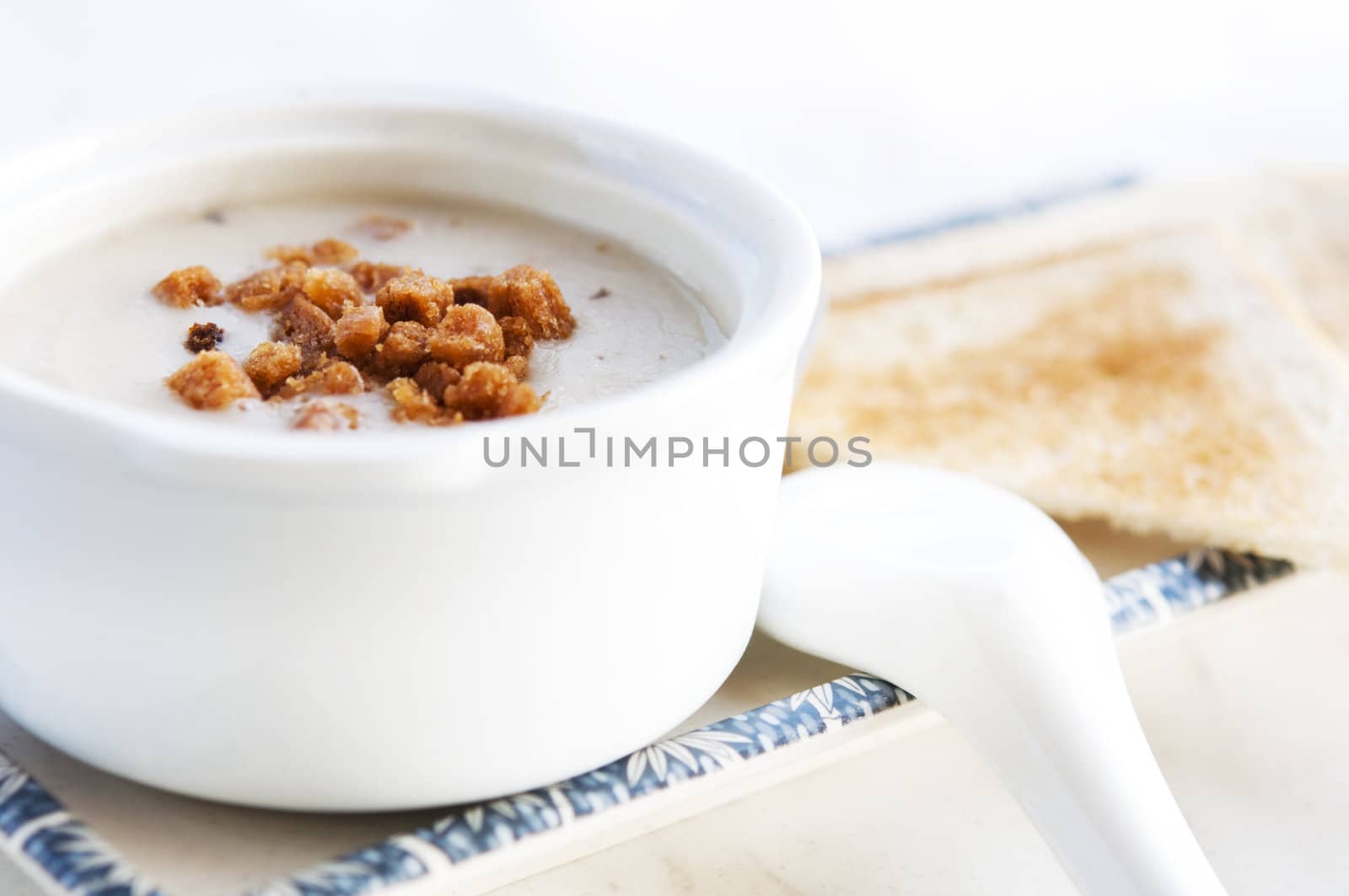 Mushroom Soup with Toast, natural morning sunlight.