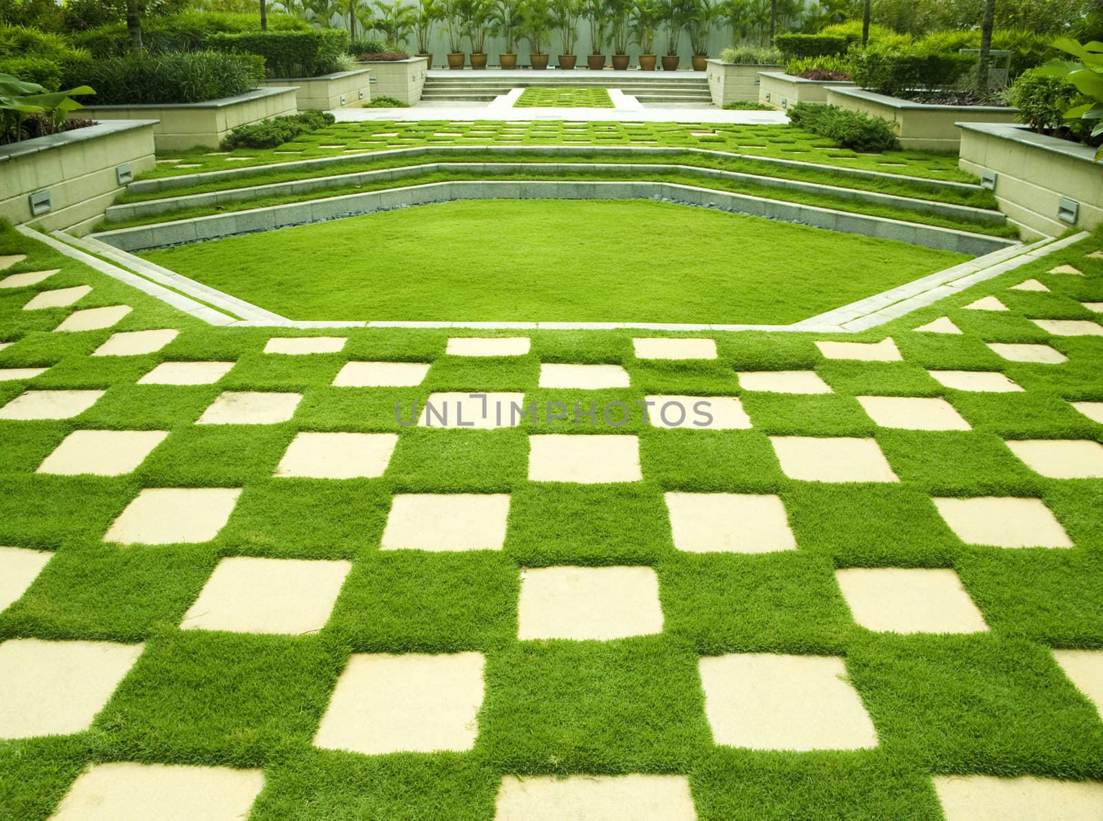 Brick with manicured lawn, Putrajaya, Malaysia.