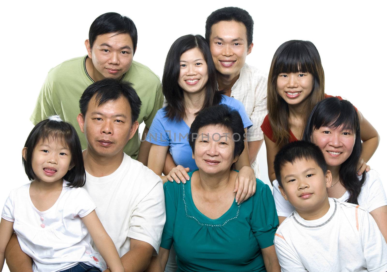 Asian family portrait on white background, 3 generations.
