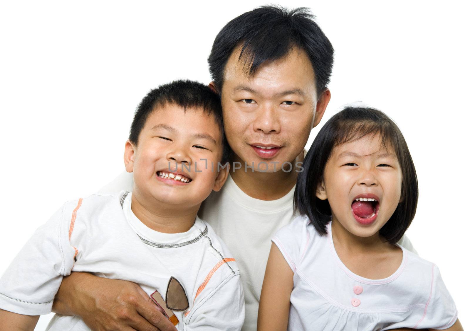 Asian father and children on white background