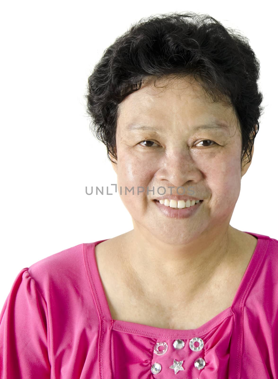 Happy 60s Senior Asian Woman on white background