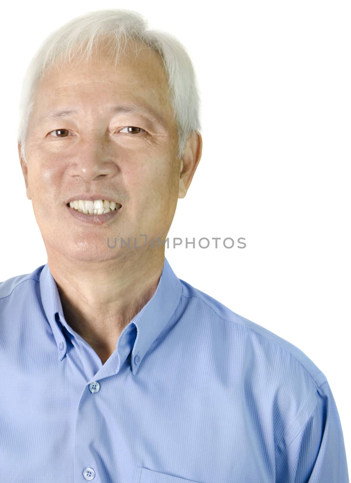 Portrait of an Asian senior businessman standing on white background