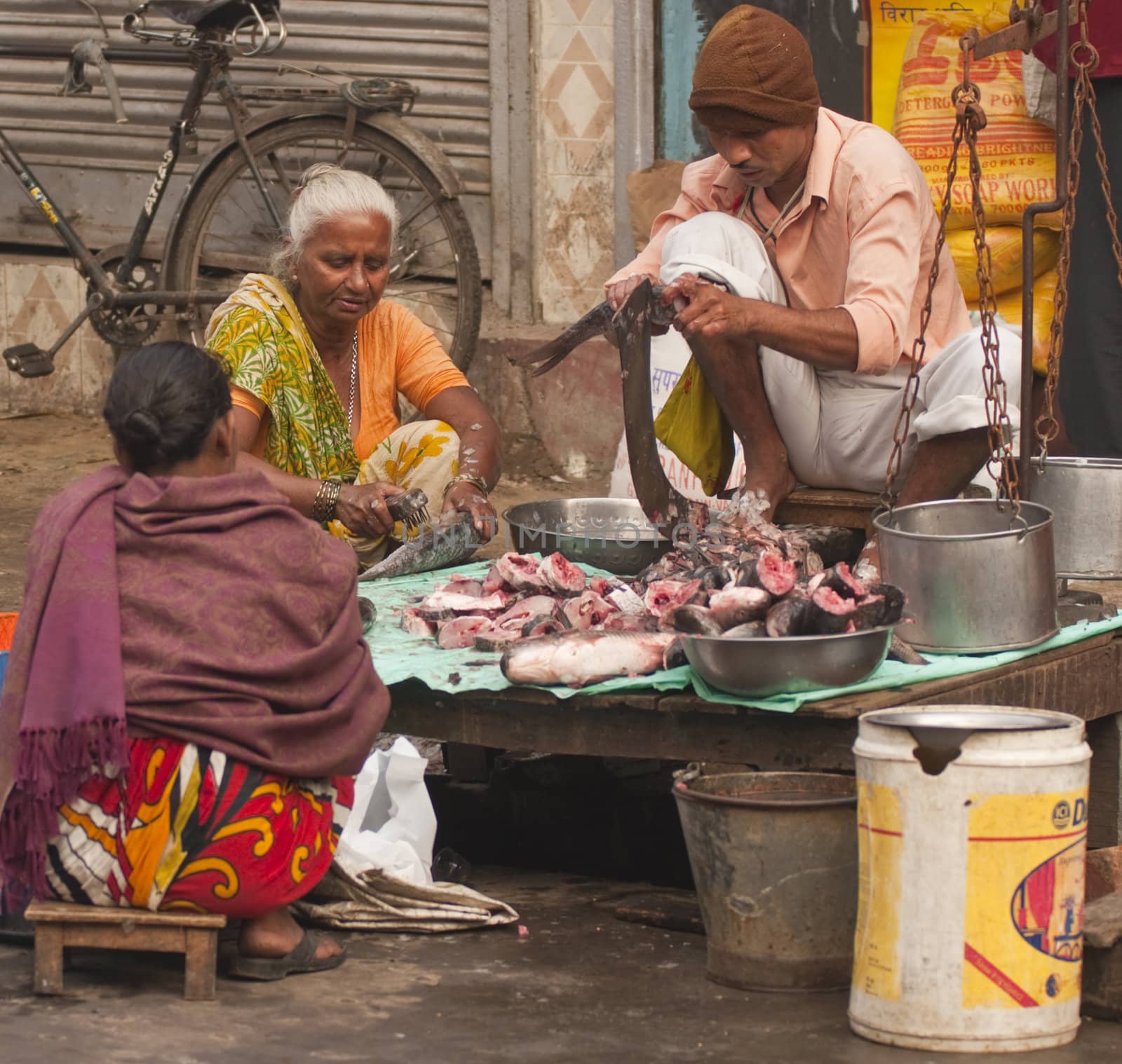 Selling fish from a stall in the street in Calcutta, West Bengal, India.