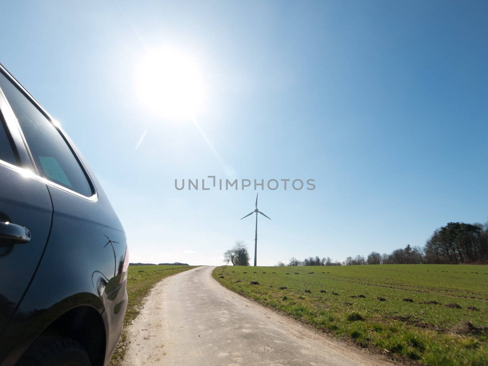 Sustainable energy concept with car wind turbine and sun
