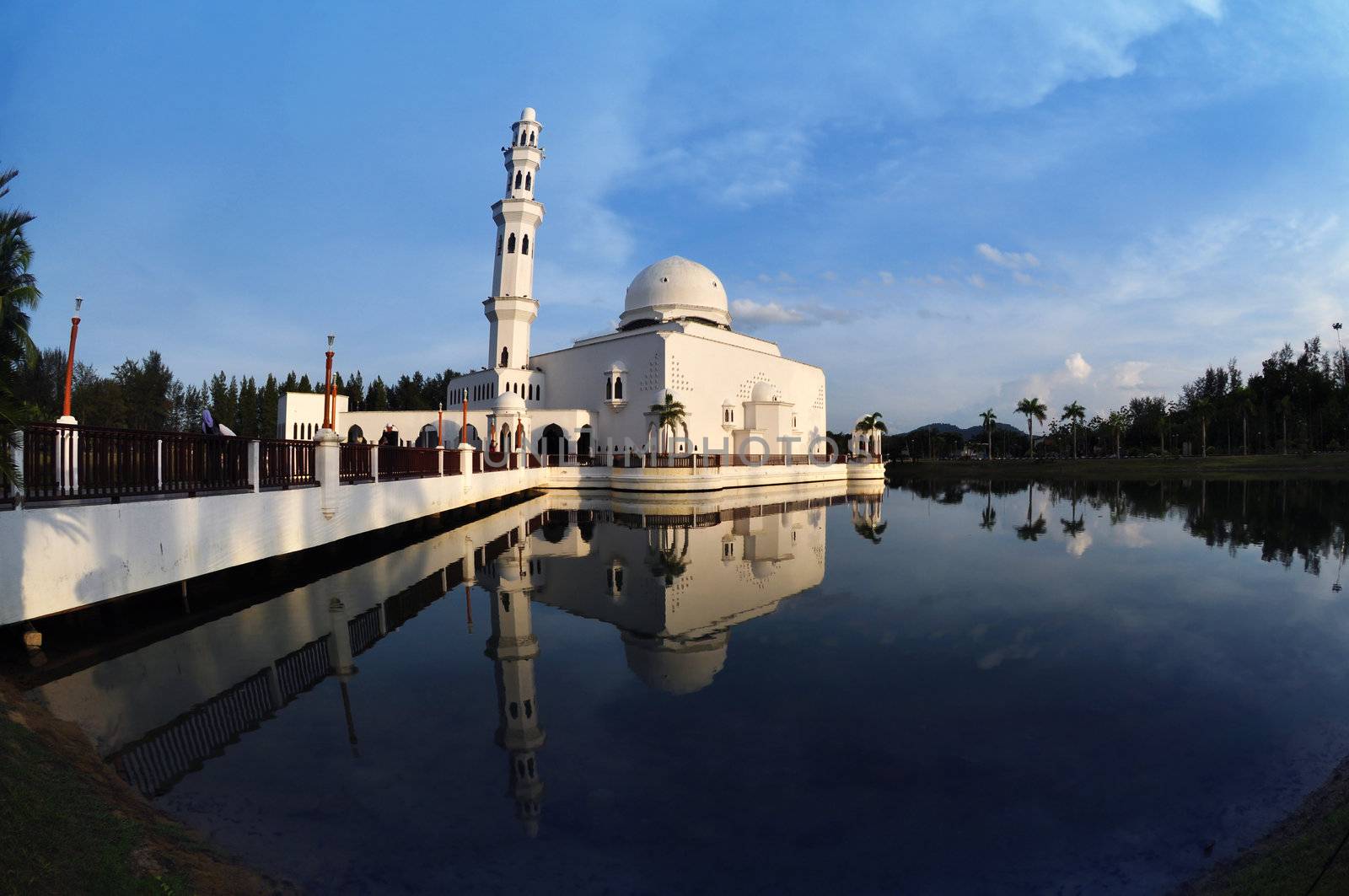 Masjid Tengku Tengah Zaharah or also known as Floating Mosque in Kuala Terengganu, Malaysia with reflection.