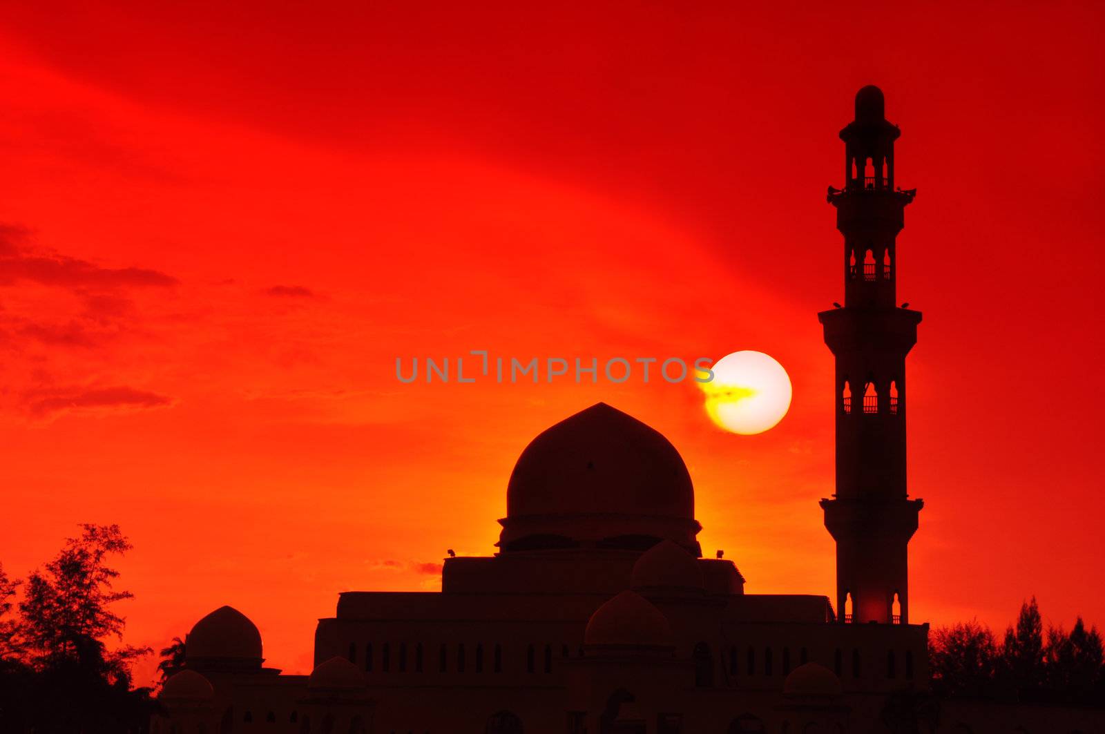 Beautiful sun setting at Floating Mosque, Terengganu, Malaysia.