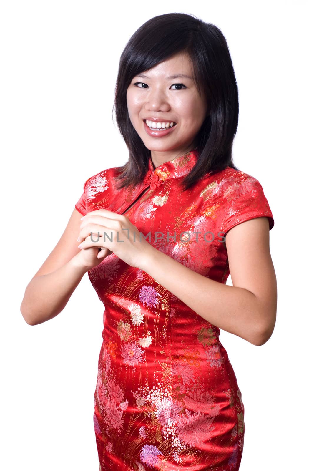 Oriental girl wishing you a happy Chinese New Year.