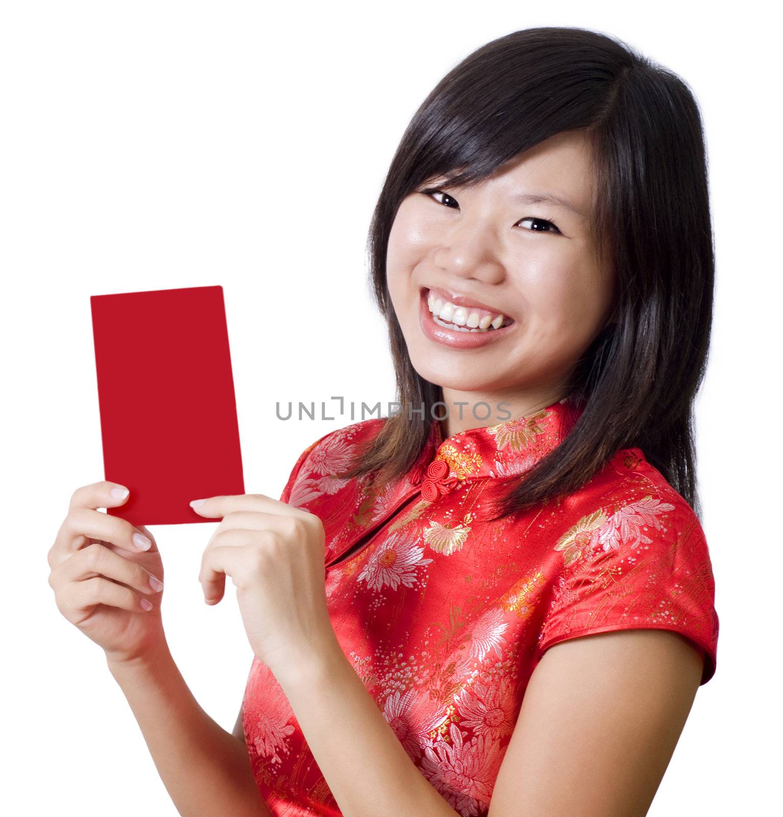 Oriental girl with cheongsam wishing you a happy Chinese New Year. Blank envelope ready for text. 