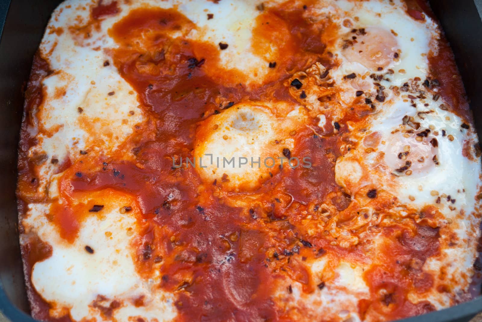 Fresh Shakshuka made in pan Typical North Africa Morocco dish