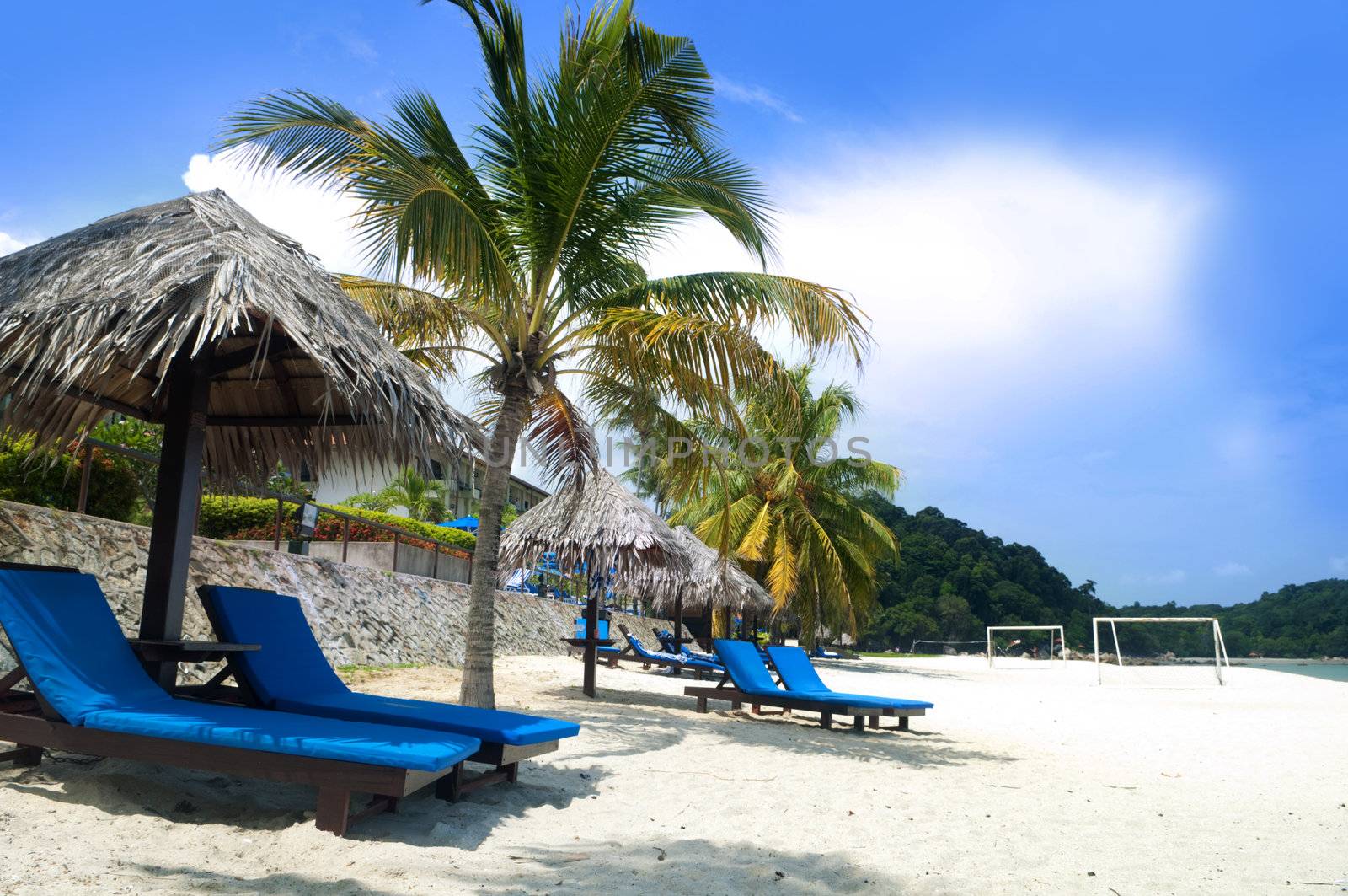 Deck chairs on Teluk Chempedak, Malaysia.
