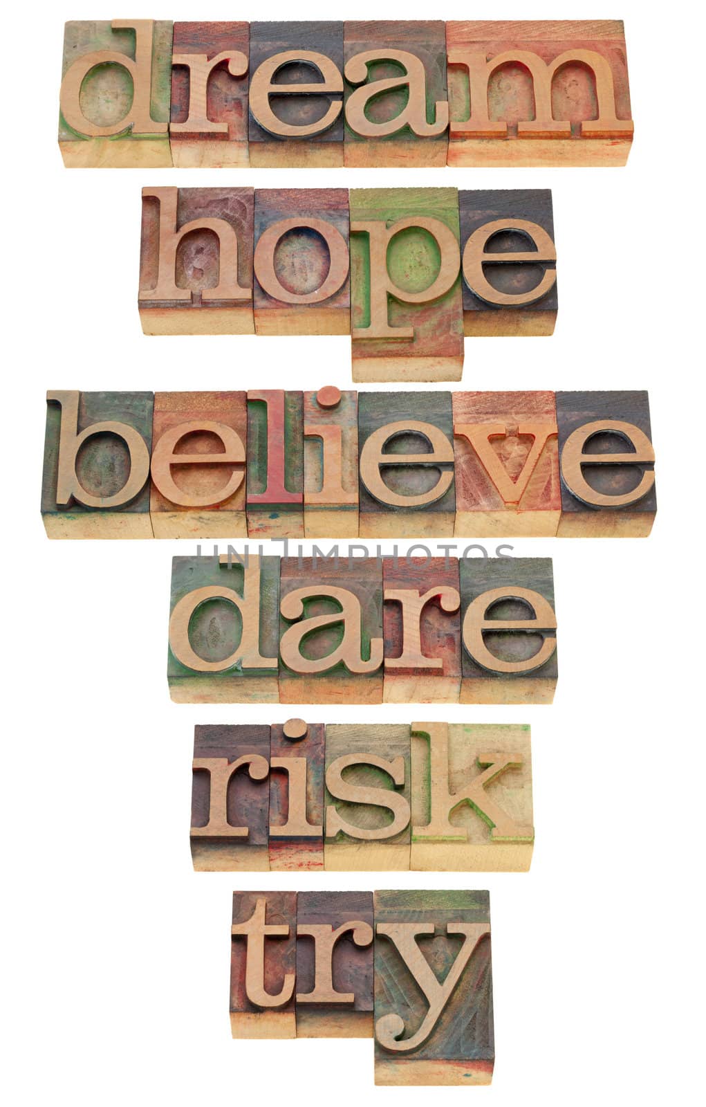 dream, hope, believe, dare, risk, try - a set of motivational and spiritual isolated words in vintage wood letterpress printing blocks