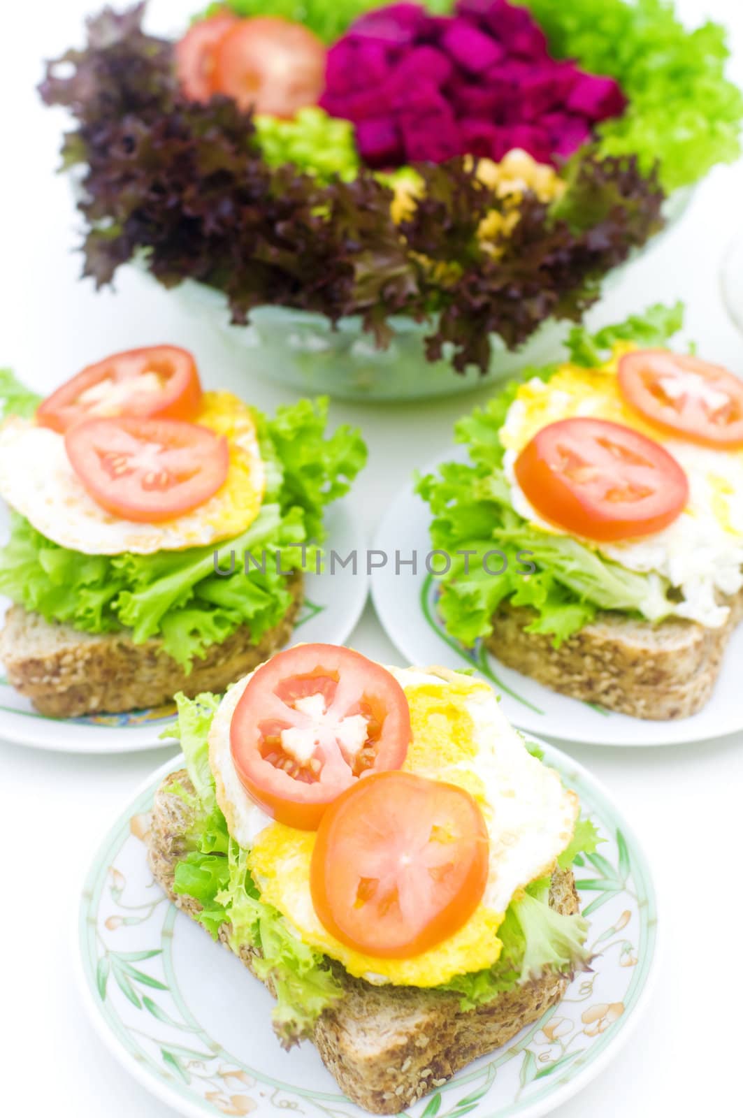 Asian style healthy organic homemade sandwich and salad breakfast.
