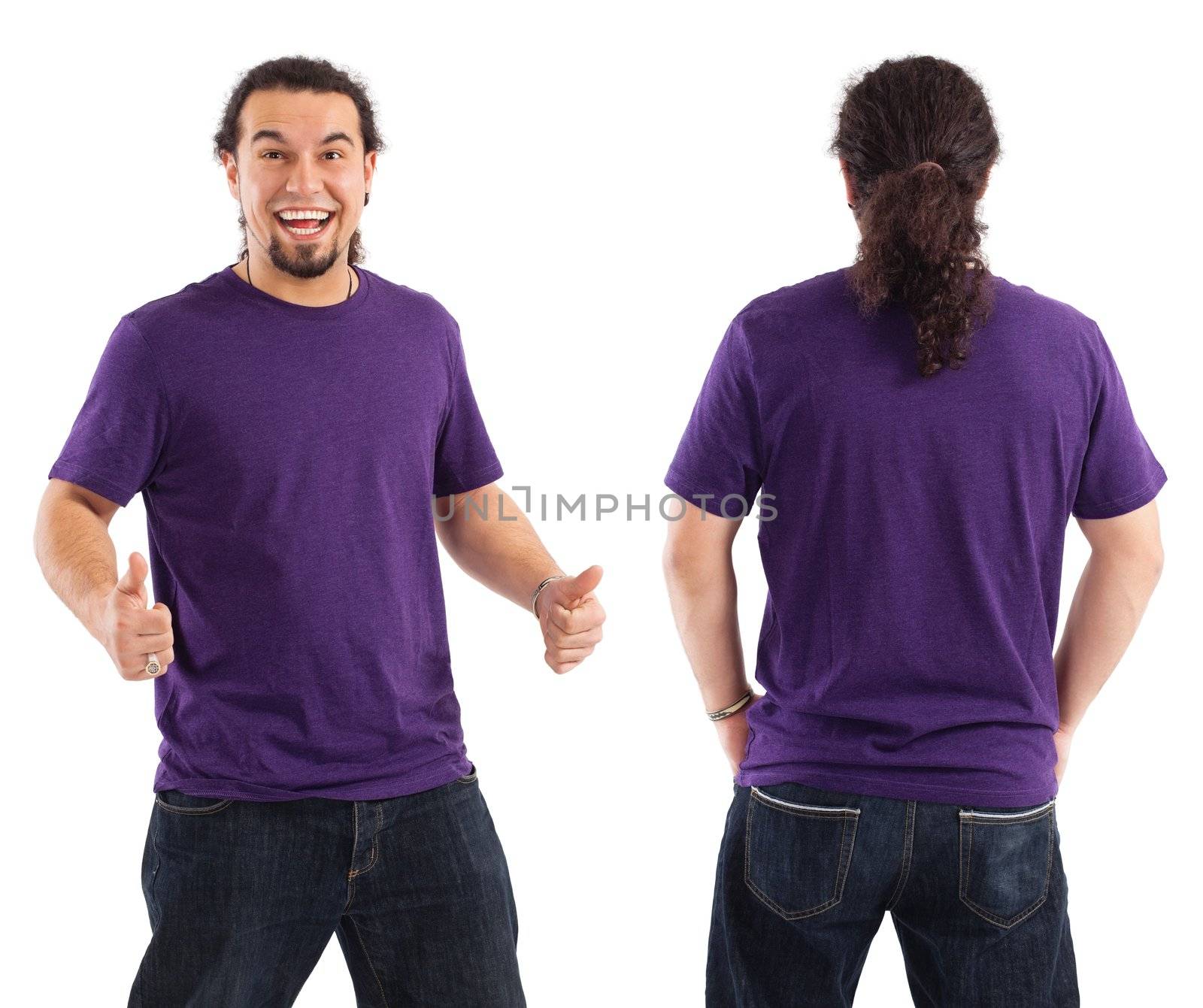 Excited male with blank purple shirt by sumners